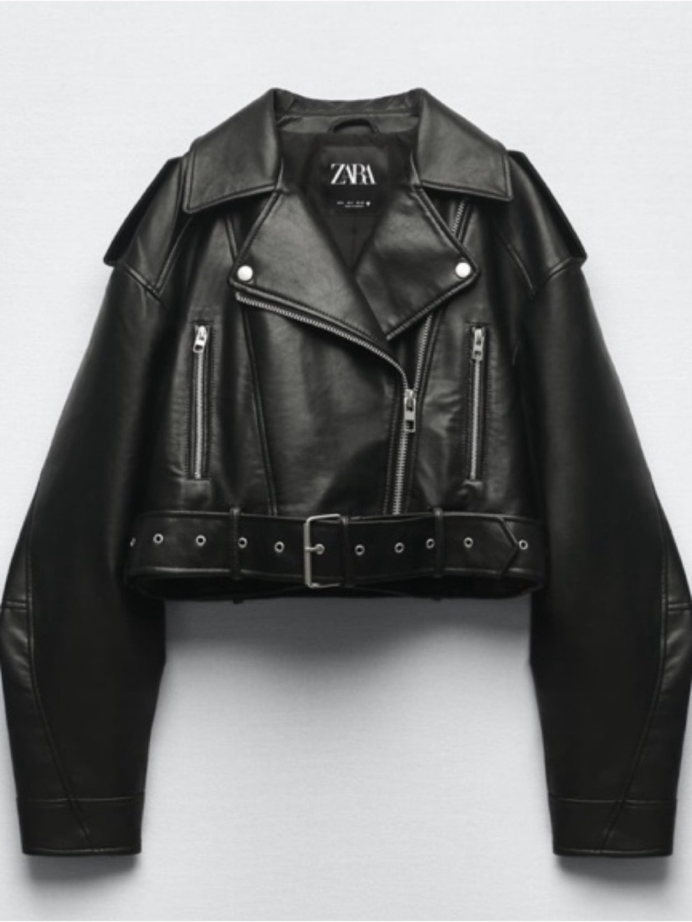 ZARA Cropped Belted Oversized Faux Leather Biker Jacket in Black Faux Leather